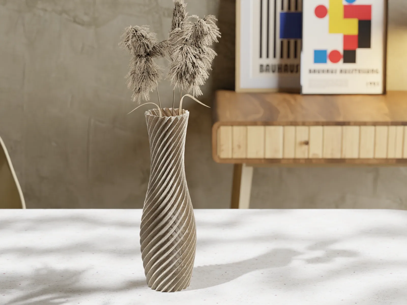 Close view of the Helix Vase showing its spiralling printed layer lines